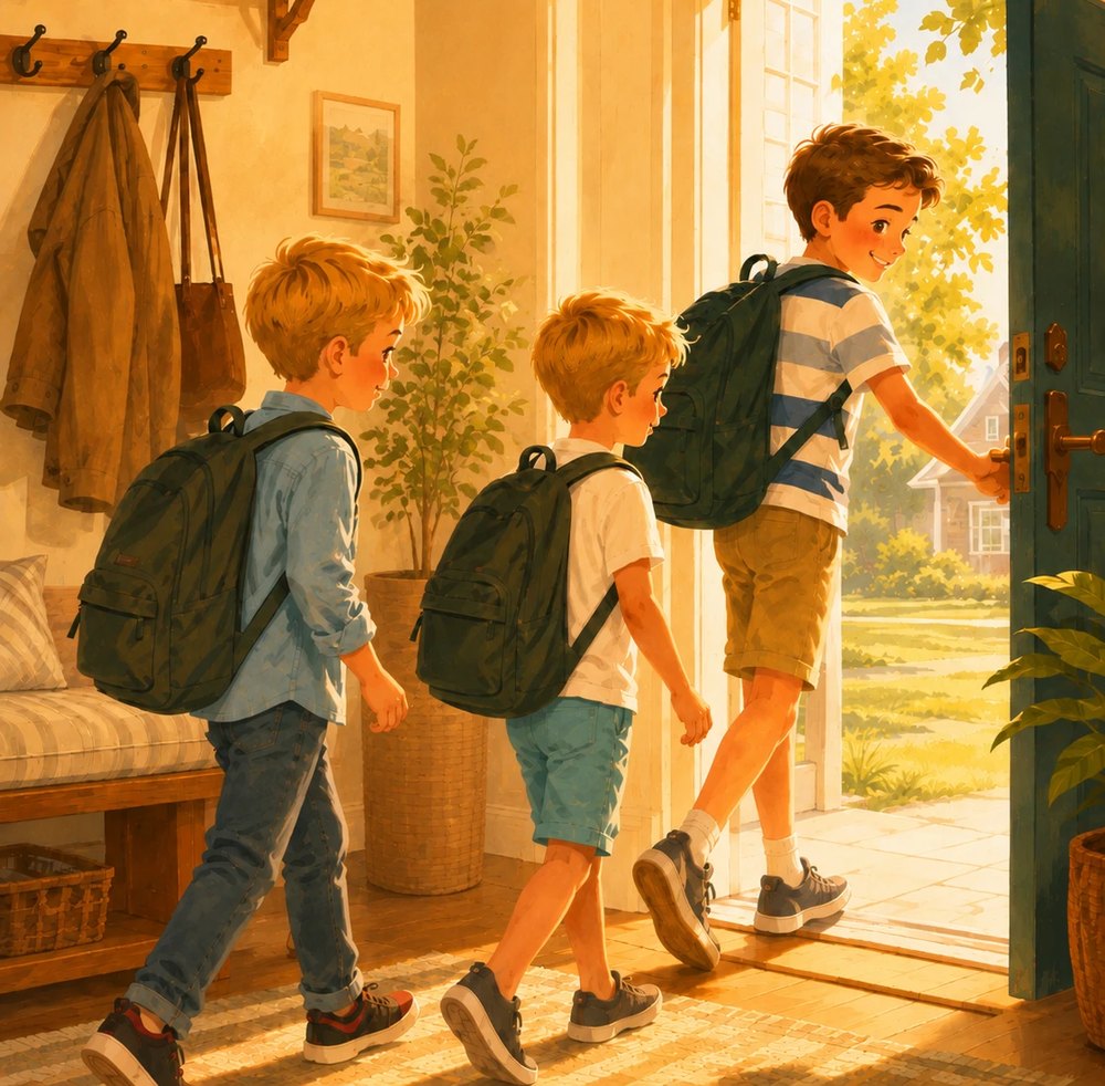 Three boys with backpacks walking out the front door into morning light