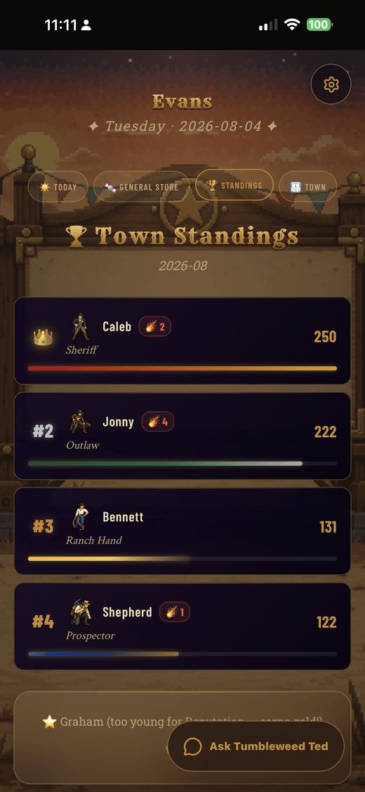 HearthQuest town standings on a phone