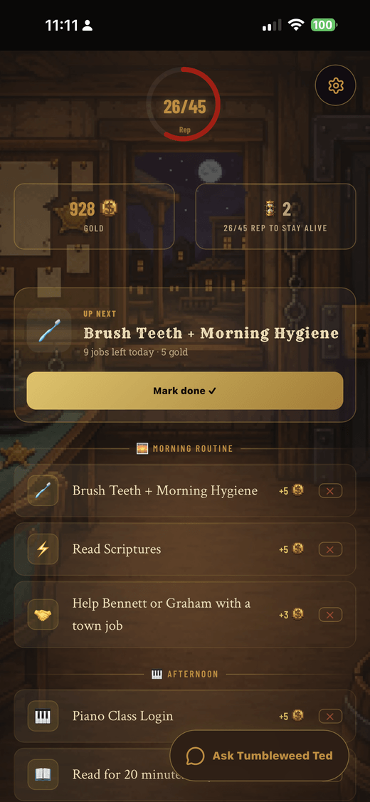 HearthQuest child task list on a phone