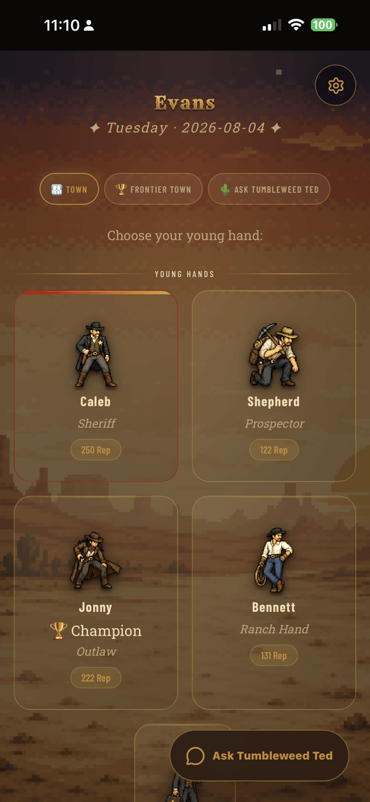 HearthQuest child selection town view on a phone